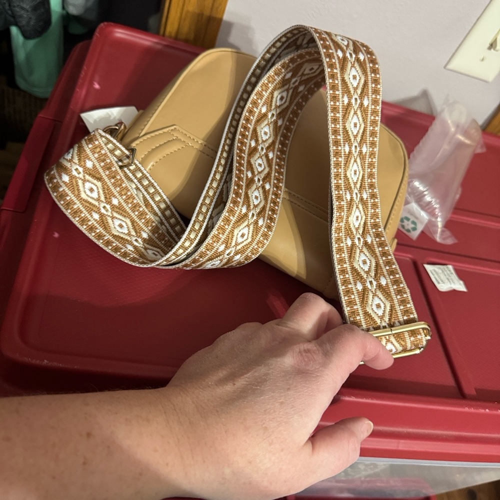 Tan Crossbody Bag with Patterned Strap - Picture 6 of 10